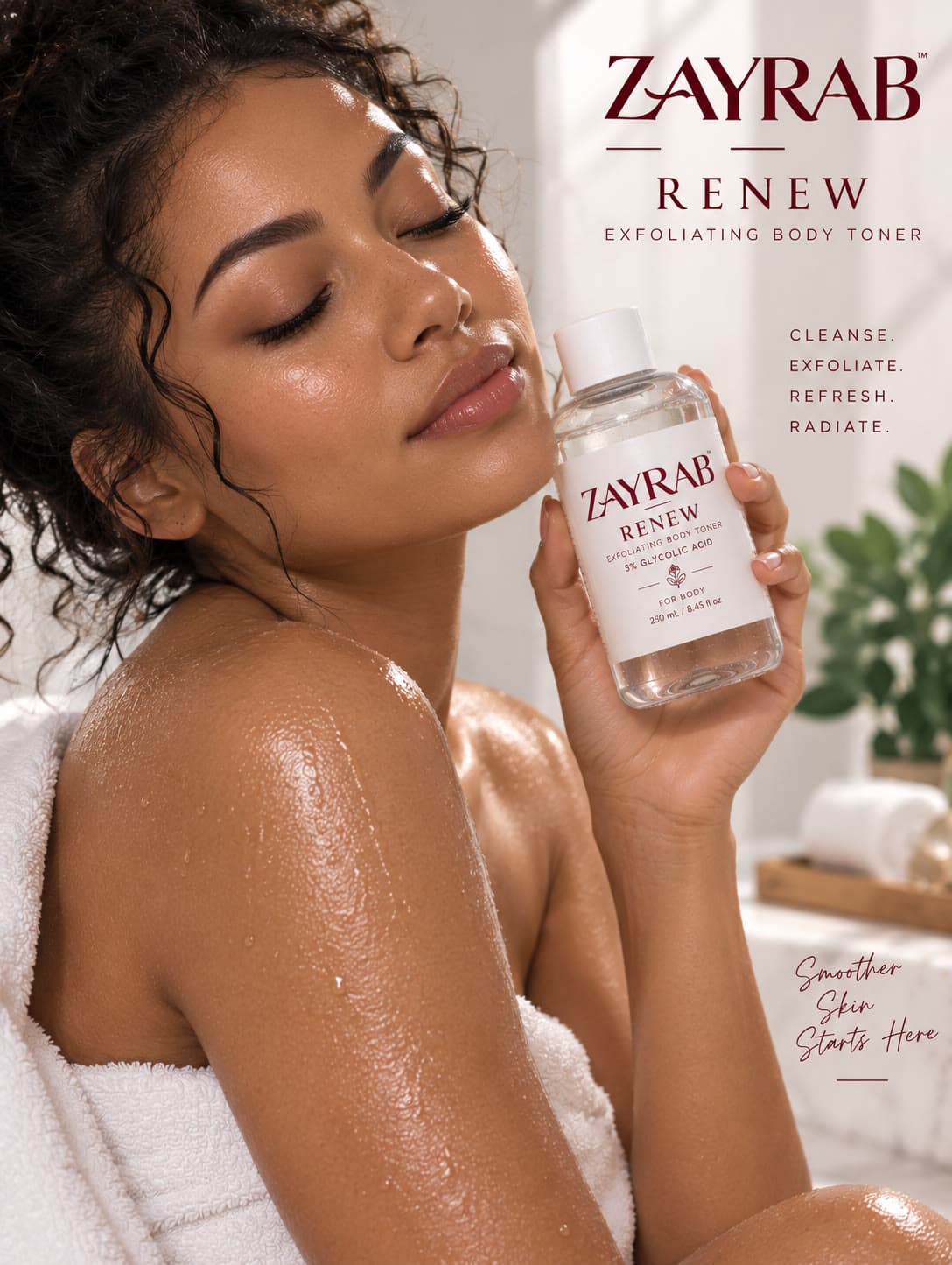 Model holding ZAYRAB RENEW Exfoliating Body Toner